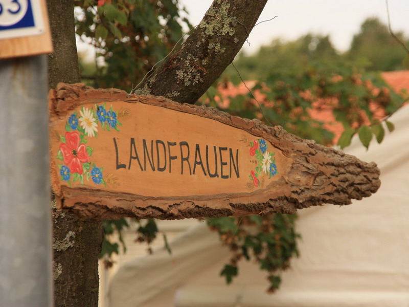  zu sehen ist ein Schild aus einer Baumscheibe mit Beschriftung Landfrauen und ein paar Blüten 
